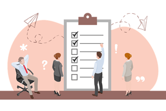 des hommes et des femmes doivent faire des choix, ils remplissent une checklist