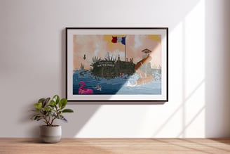 Framed artwork featuring children playing near historical ruins that have been turned into a splash