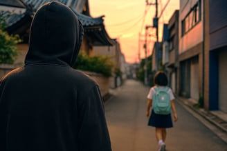 不審者が女児の後ろを歩く画像
