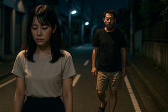 深夜の住宅街で不審な男が女性を尾行している画像