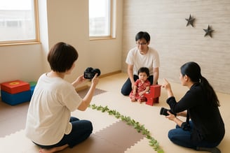 屋内でプロのカメラマン(女性)が写真撮影を依頼している親にしながらモデルの子どもを写真撮影している様子
