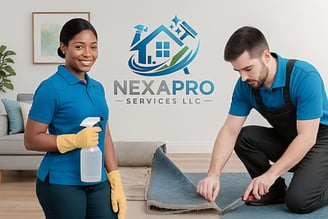 NexaPro team showcasing cleaning and renovation services with company logo in background