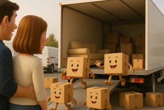 Illustration 3D d’un couple observant des cartons animés transportant joyeusement des meubles vers un camion de déménagement,