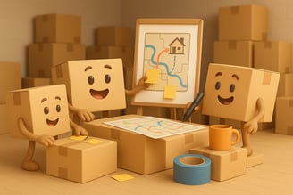 Illustration 3D de cartons animés planifiant un itinéraire de déménagement sur une carte, dans un entrepôt rempli de boîtes,
