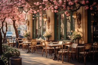 A classic Parisian cafe in the spring morning.