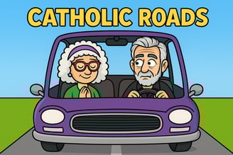 Cartoon of two old folks out for a ride. The husband is watching the road while the wife prays.