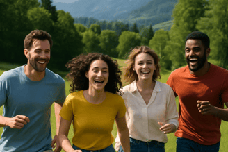 Des gens heureux qui courent sur l'herbe pour la journée mondiale du bonheur