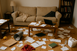 Salon mal rangé pour la journée mondiale de la procrastination