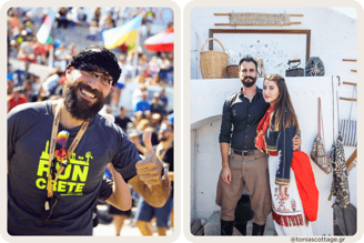 Crete Half Marathon participant smiling, and a couple in traditional Cretan costumes