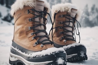 A pair of outdoor hiking shoes and a backpack are placed on a large rock surrounded by natural elements like pine needles and stones. Beside them is a guidebook or map with an outdoor adventure theme.