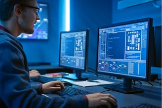 Engineer working with multi-screen control system illustrating precision in solution deployment.