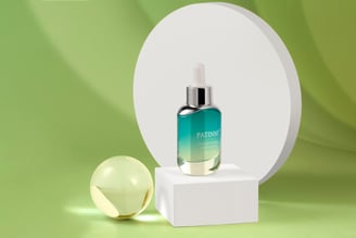 3D marketing design of a glass serum bottle with label, showcasing graphic design expertise.