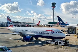 "British Airways aircraft at London Heathrow Airport after a safe landing – start of UK tour"
