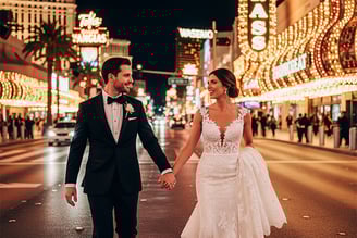a bride and groom walking down the street