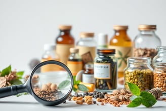 An assortment of herbal supplements in elegant glass bottles and jars.