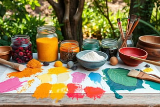 A vibrant table filled with colorful natural paint ingredients,