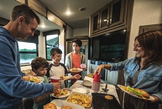 a man, woman, and three children eating a meal in an RV
