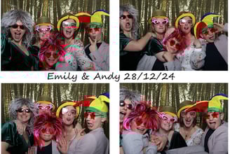 A postcard printout of a bride and her family and a bridesmaid posing for the get to picture photo booth at a wedding with a 