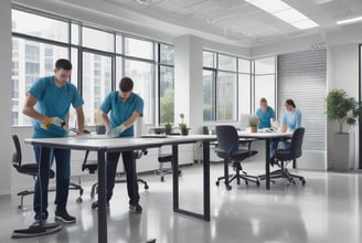 a man and woman in blue shirts and blue jeans are standing in a room with cleaners cleaning offices