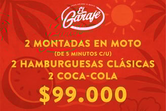 Combo El Garaje 2 montadas en moto, 2 hamburguesas y 2 coca colas