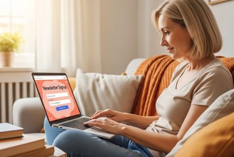 a woman sitting on a couch with a laptop and subscribing to a newsletter