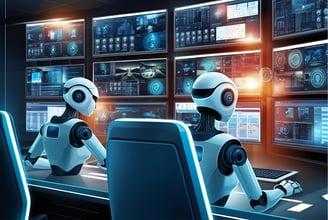 AI robots monitoring real-time data in a smart security command center – IX.Sentix illustration
