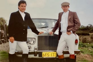 Friends, Andre Rogala with Peter Pickering arrive in a Rolls Royce to a Peel Hunt Club meet