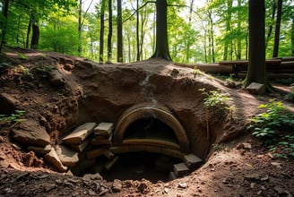 An underground earth oven in a serene forest setting