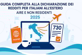 Illustrazione moderna CAF Public con scrivania ordinata, passaporto italiano e mappa per italiani all'estero