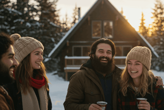 a group of people standing around a coffee cup
