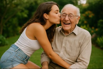 Baiser d'une fille à son grand père pour la journée du baiser.