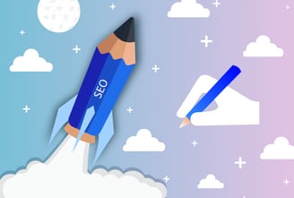 Illustration d'une fusée en forme de crayon illustrant le service de rédaction web