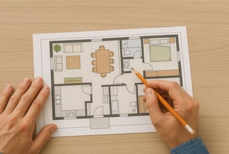 a person's hands holding a pencil and drawing a house plan