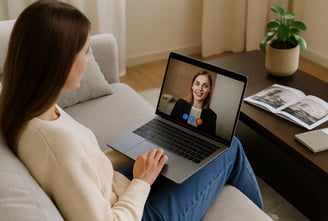 a woman sitting on a couch with a laptop computer screen and making a video call