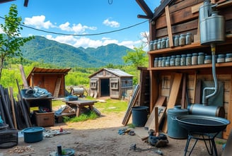 various diy tools with hand-built sheds in background