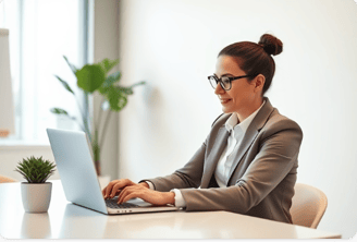 A woman in a suit and glasses is smiling and typing on a laptop