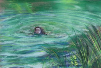 girl swimming in green water and grasses on the banks. drawn with pastels