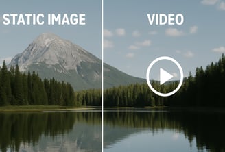 A graphic or split screen showing a static image turning into a short video clip