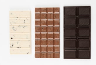 Top view of 3 chocolate bars on a white background. From left to right white, milk, & dark chocolate