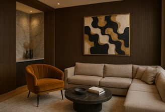 a living room with a couch and a table