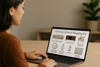 a woman sitting at a table with a laptop computer screen displaying a diagram of furniture