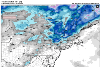 PivotalWeather screenshot of sample Euro model snow totals that links to their site. 
