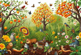  a diverse array of animals interacting harmoniously with various fruit and nut trees, shrubs, and p