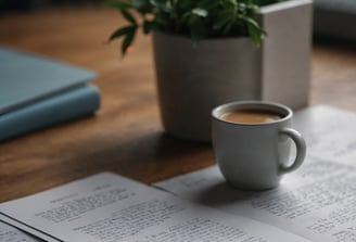 Coffee mug and books on a desk with a decorative plant.