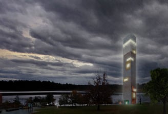 a rendering of a metal observation tower in the rain