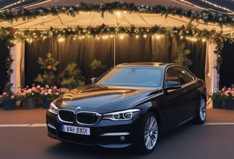 A luxurious black car with a distinctive front grille is parked in an urban environment. A man in traditional attire can be seen walking in the background, and several other vehicles, including a white van, are also visible.