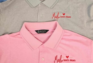 Custom embroidered pink and gray polos with Malu loves shoes logo – personalized business apparel by