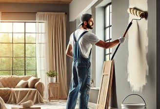 Painter Working on the Interior of a House – A painter wearing overalls and a cap is using a roller 