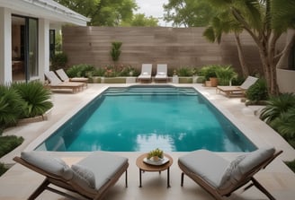 A luxurious residential complex is visible with a modern swimming pool in the foreground. Palm trees and a variety of lush green plants decorate the poolside area, while lounge chairs are placed under shaded wooden structures. The multi-story buildings in the background have balconies and large windows, giving the place a resort-like feel.