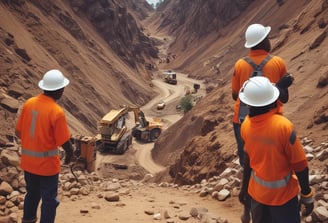 A large mining site is spread across a vast landscape with multiple heavy machinery and trucks in operation. The site has a variety of soil and rock formations, with visible conveyor belts and excavators working. The background features green hills and a partly cloudy sky.